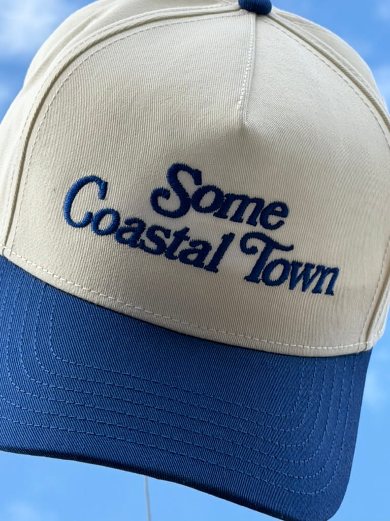 Some Coastal Town script logo mariner blue and white cotton snapback hat - product image 3
