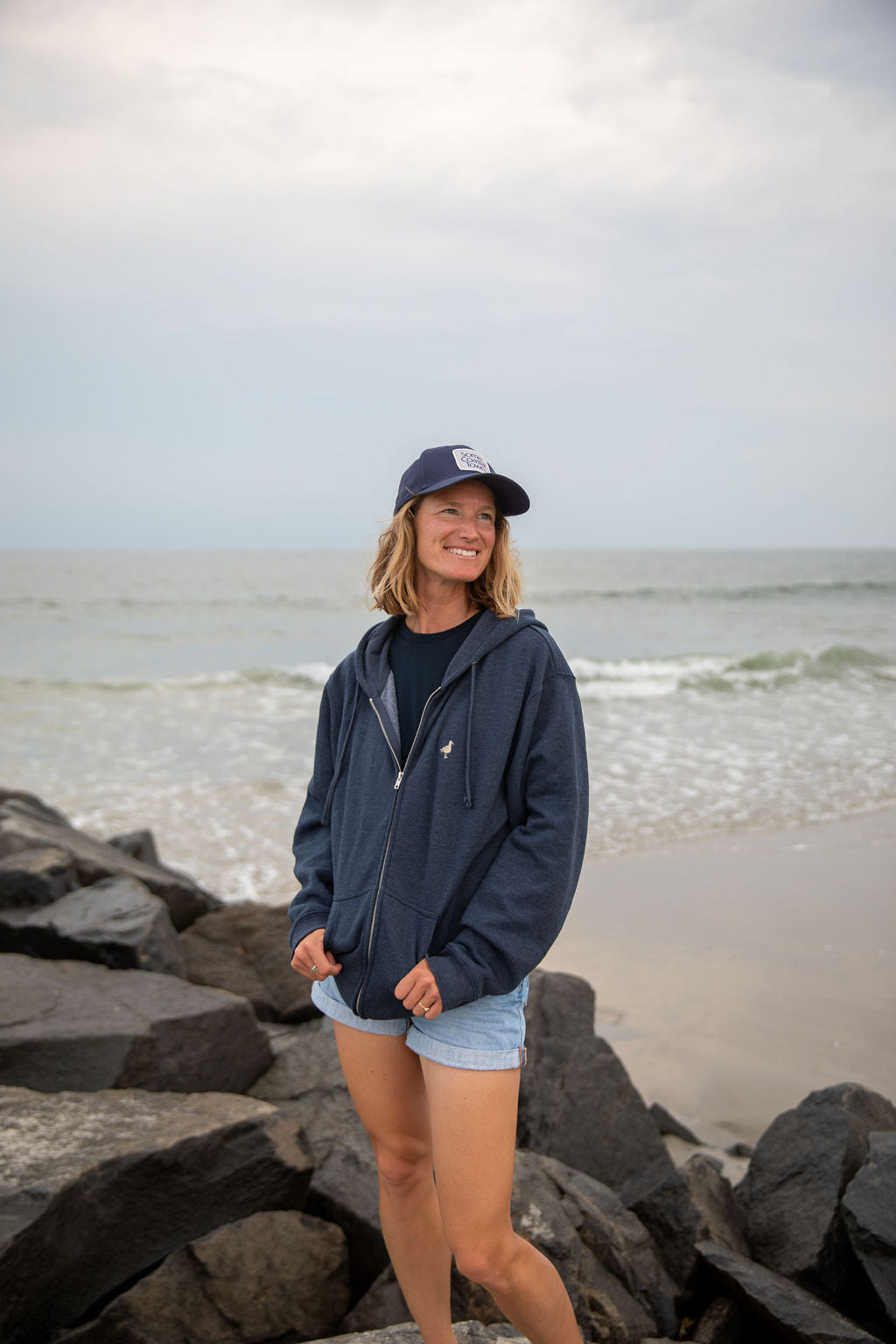 Some Coastal Town Script Zip-Up Fleece Hoodie - Navy Heather
