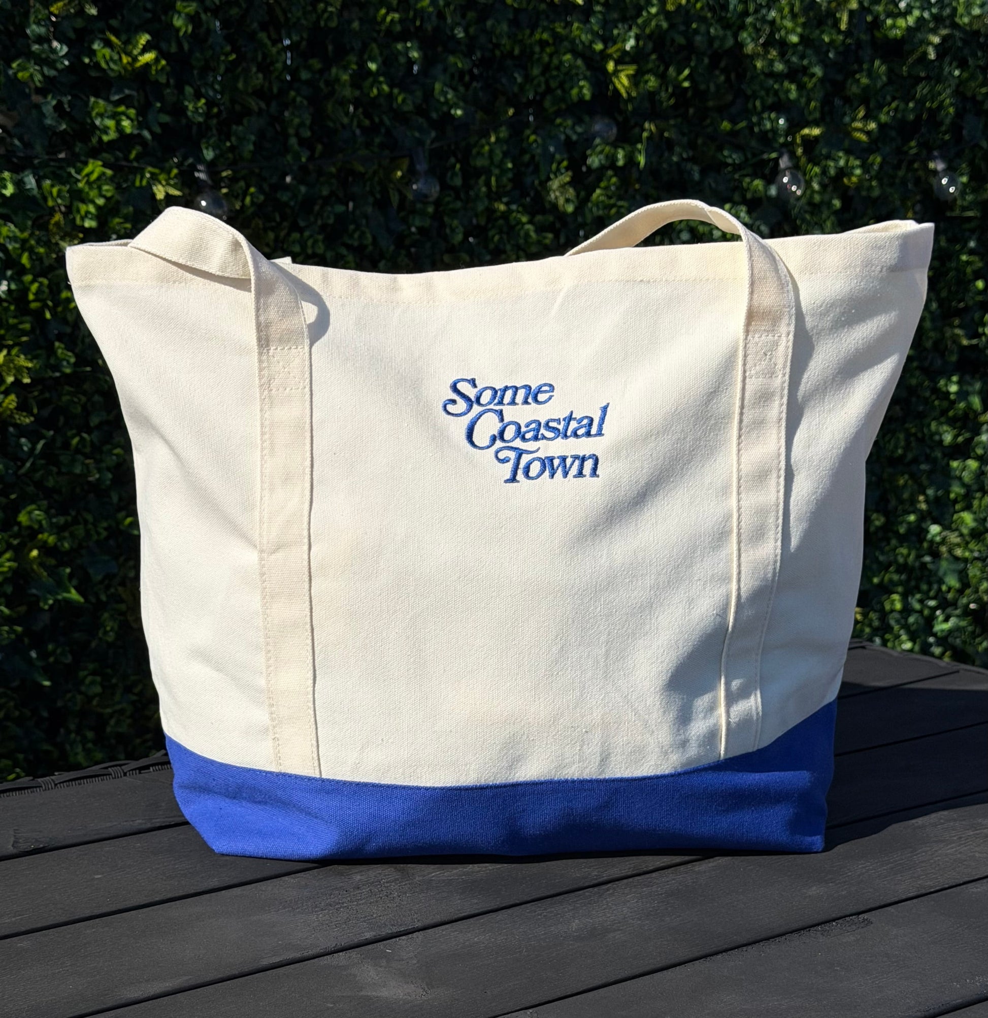 Oversized Beach Day mariner blue and natural 12 oz canvas tote bag with embroidered logos - product image 4