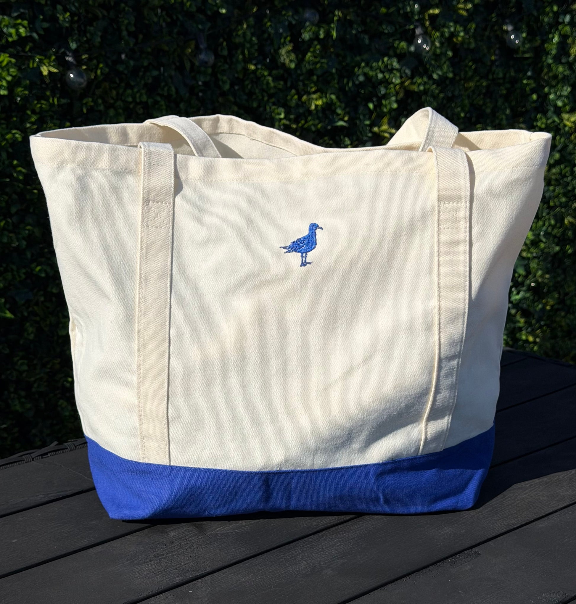 Oversized Beach Day mariner blue and natural 12 oz canvas tote bag with embroidered logos - product image 5