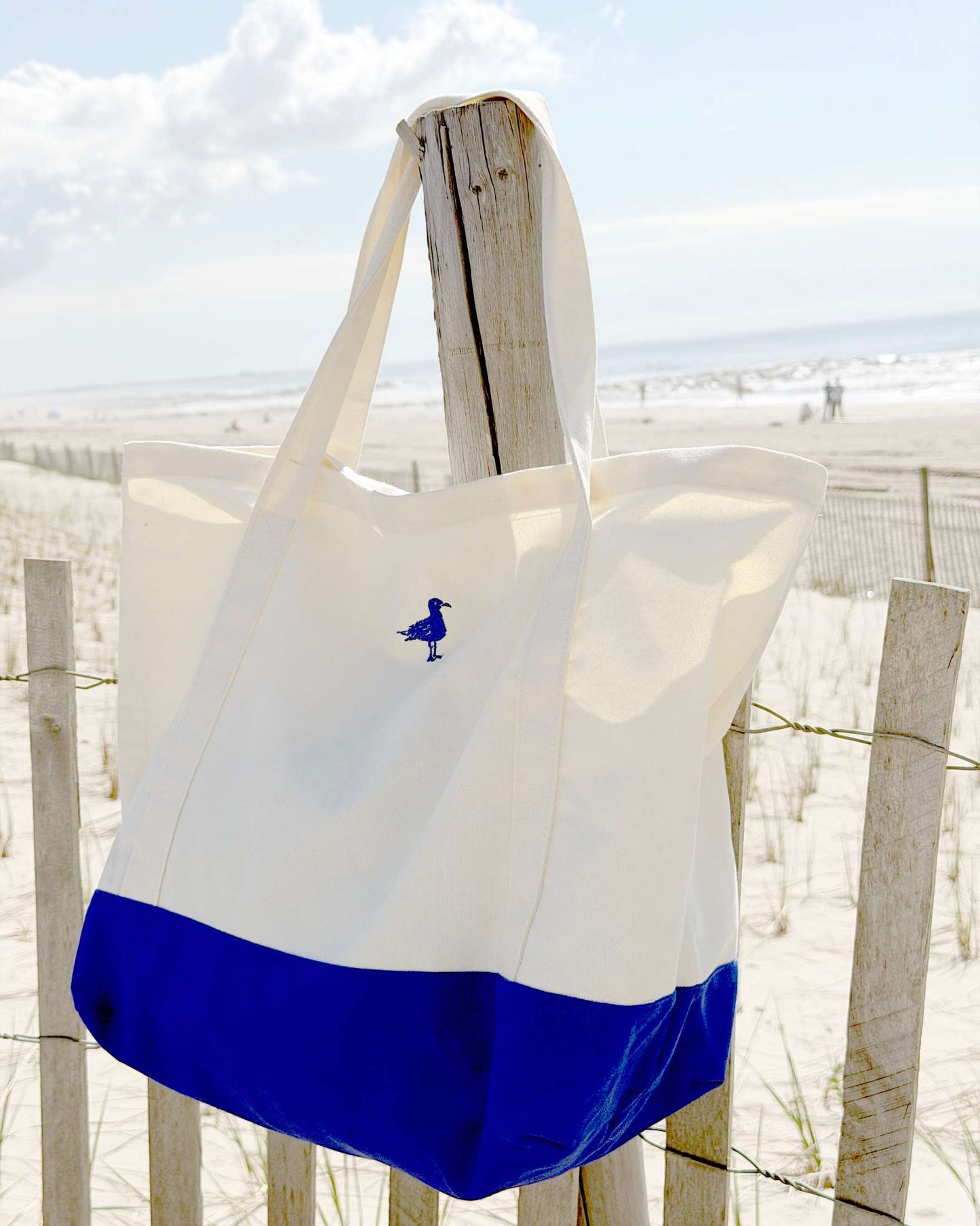 Oversized Beach Day mariner blue and natural 12 oz canvas tote bag with embroidered logos - product image 3