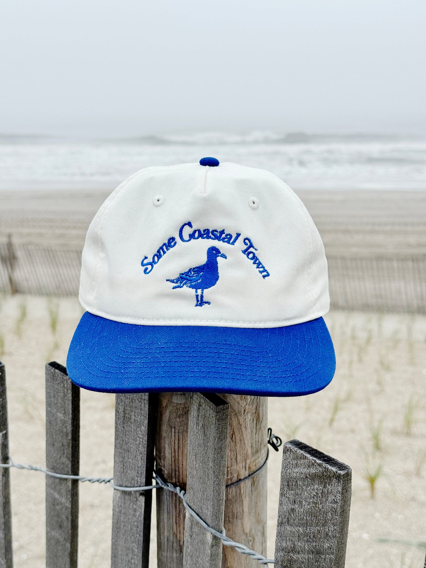 Seagull mariner blue and cream mid profile cotton snapback hat with embroidered lettering - product image 5