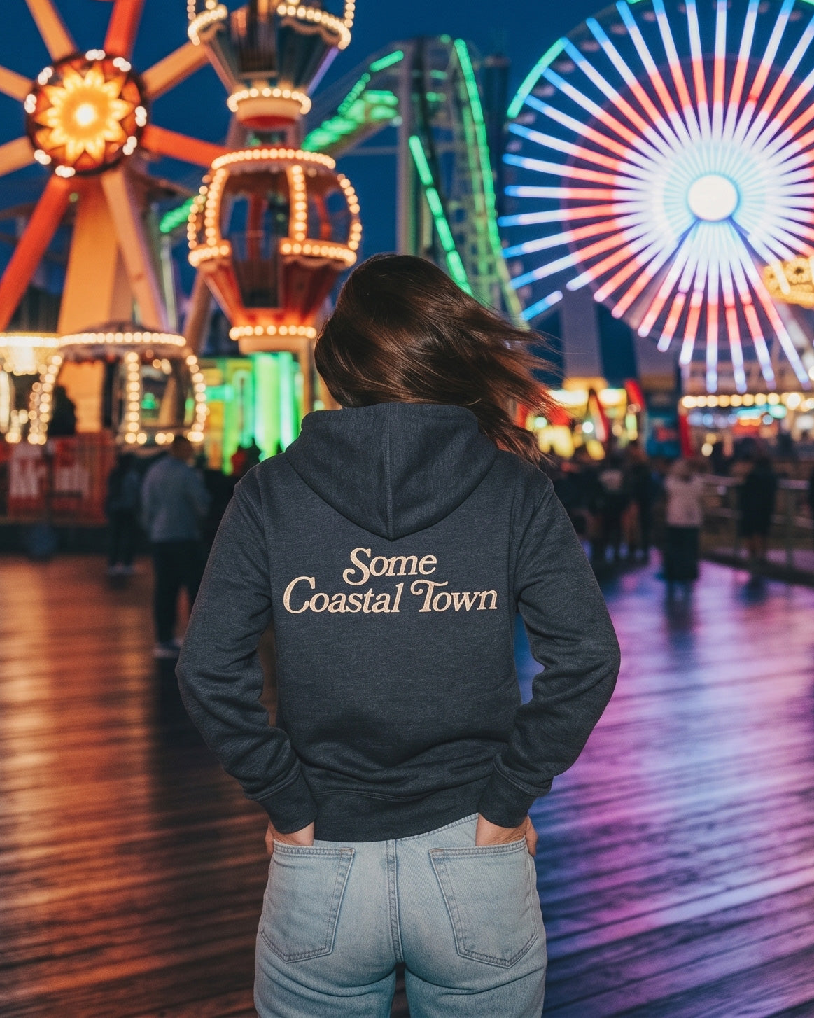Some Coastal Town script logo navy heather zip-up fleece hoodie - product image 2