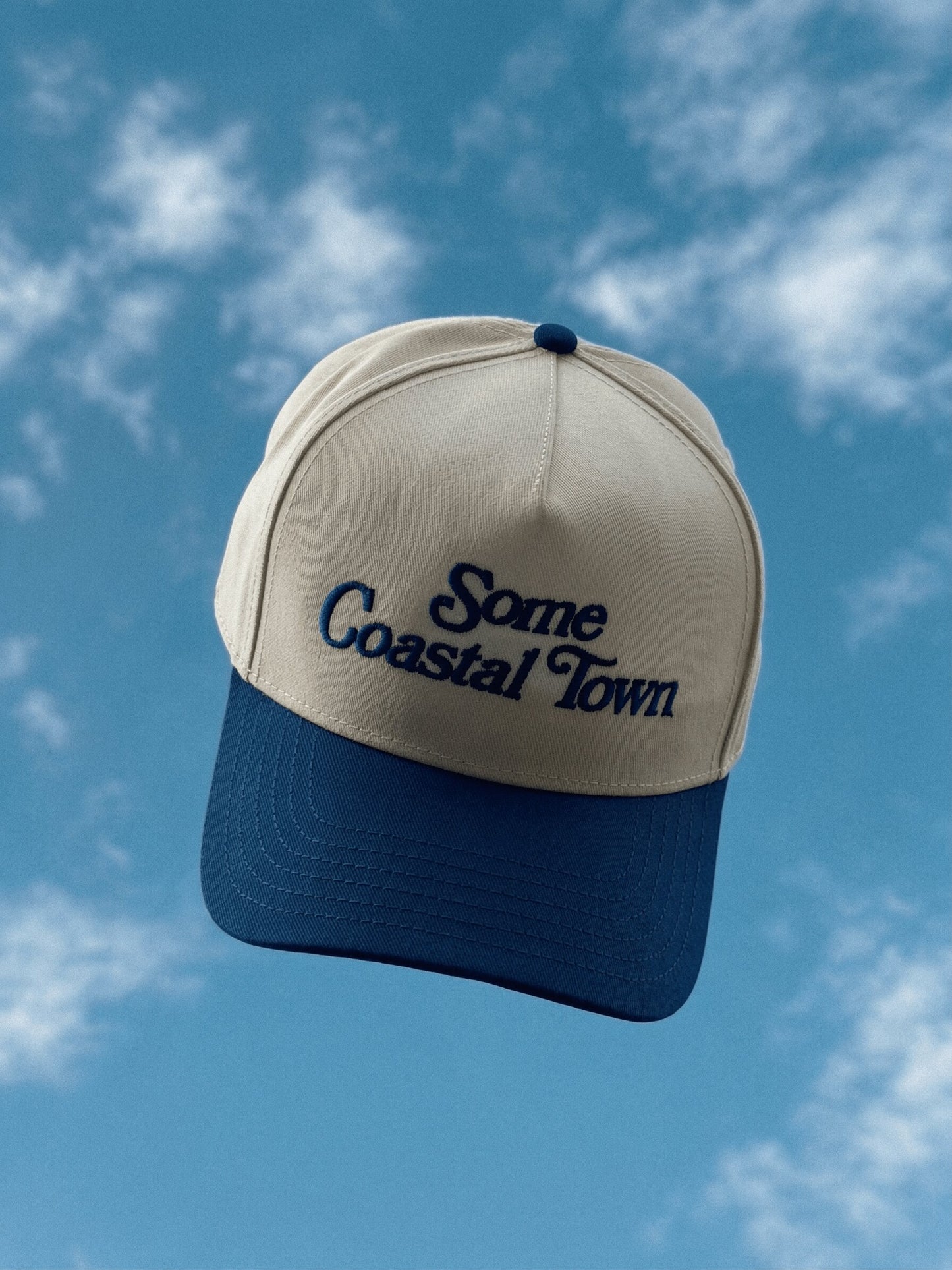 Some Coastal Town script logo mariner blue and white cotton snapback hat - product image 2