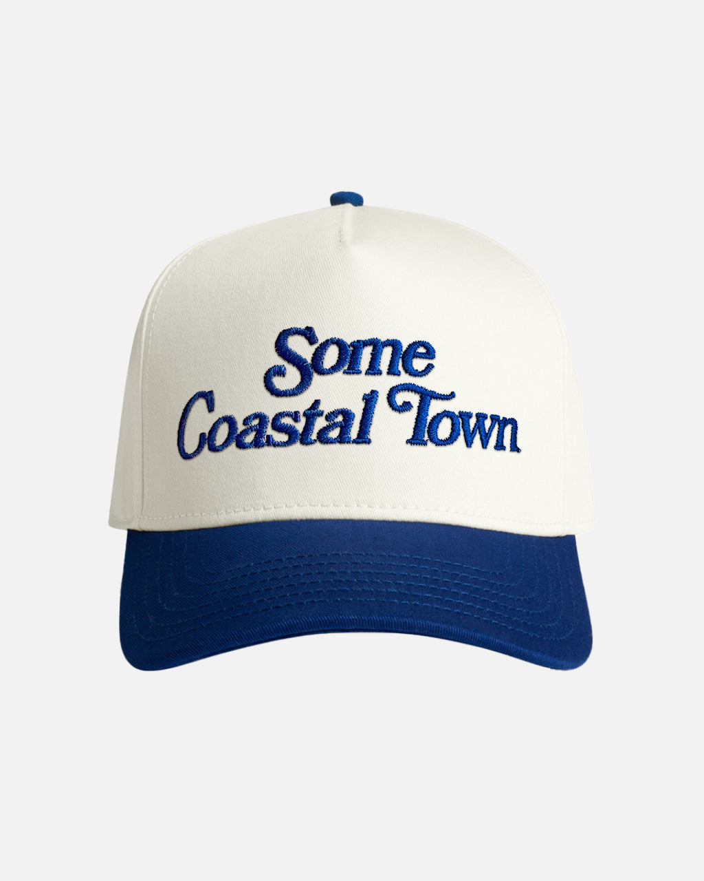 Some Coastal Town script logo mariner blue and white cotton snapback hat - product image 1