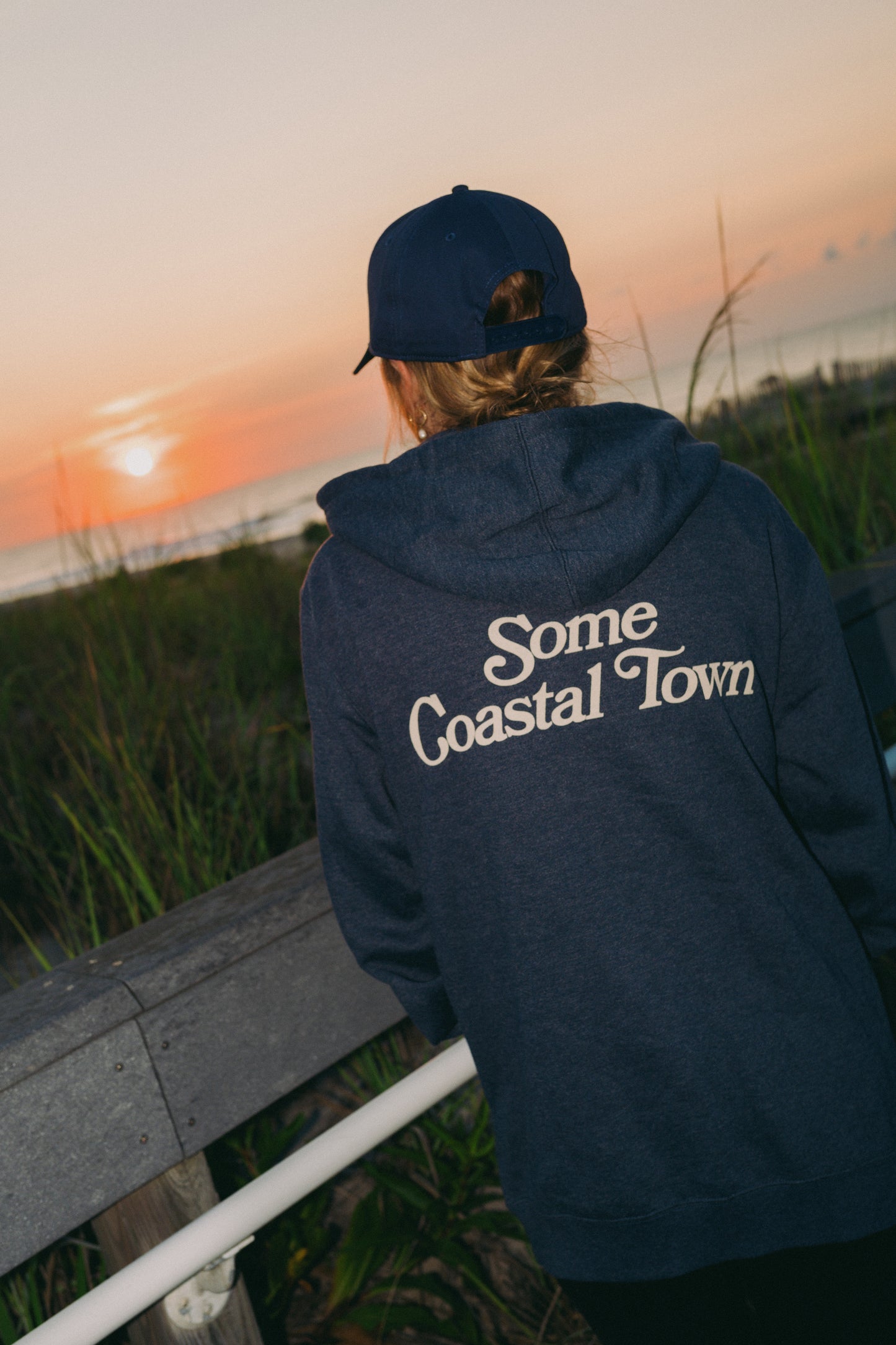 Some Coastal Town Script Zip-Up Fleece Hoodie - Navy Heather